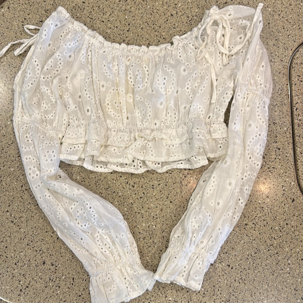 Altar'd State White Off the Shoulder Bishop Sleeve Crop Blouse - Picture 5 of 6